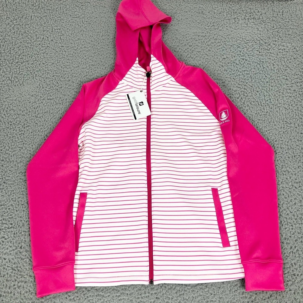 FootJoy Hoodie Womens Medium Pink Stripe Full‎ Zip Golf Buck Hill Logo Jacket
